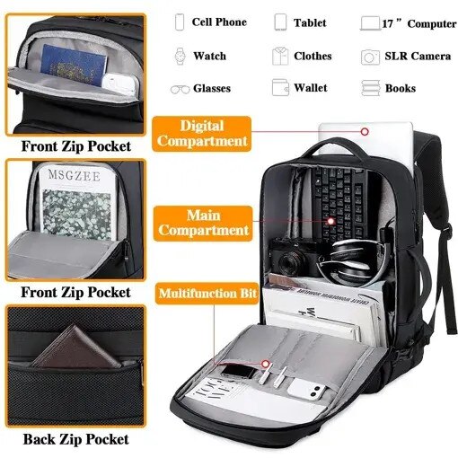 Rucsac de calatorie din nylon, compartiment pentru laptop 17.3", port USB integrat, extensibil pana la 25 cm, rezistent la apa, negru, 45 x 36 x 20 cm