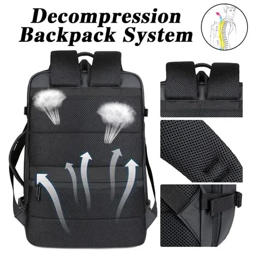 Rucsac de calatorie din nylon, compartiment pentru laptop 17.3", port USB integrat, extensibil pana la 25 cm, rezistent la apa, negru, 45 x 36 x 20 cm