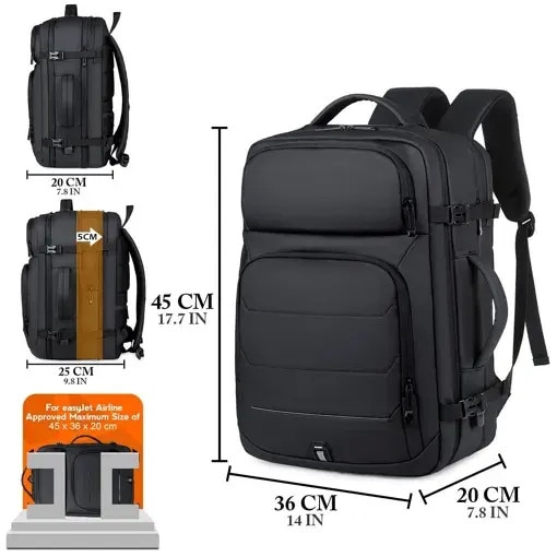 Rucsac de calatorie din nylon, compartiment pentru laptop 17.3", port USB integrat, extensibil pana la 25 cm, rezistent la apa, negru, 45 x 36 x 20 cm