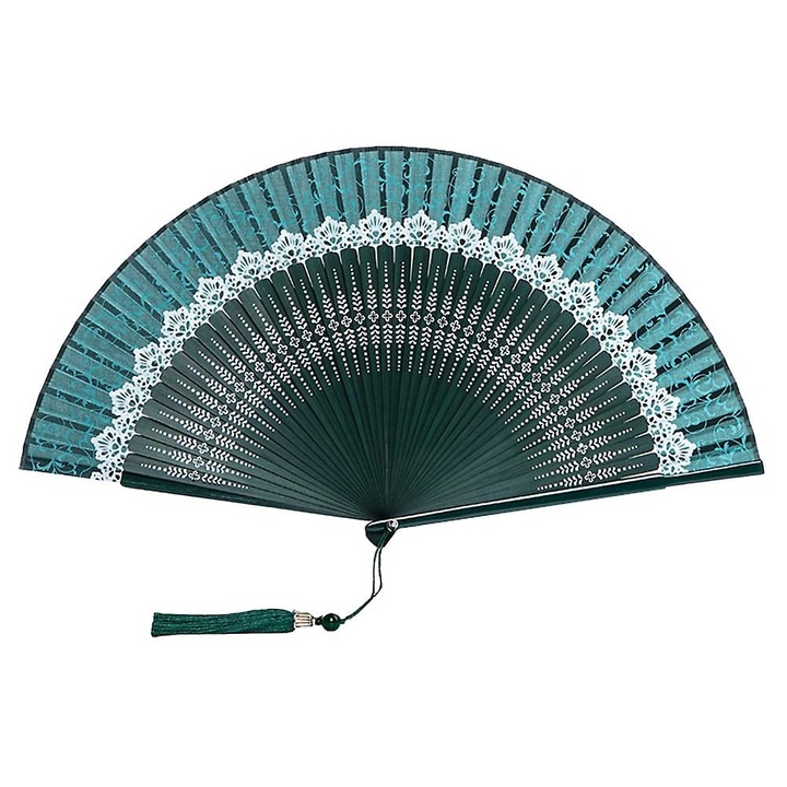 Evantai pliant din bambus si matase cu dantela alba, stil chinezesc, verde, 40 x 22 cm