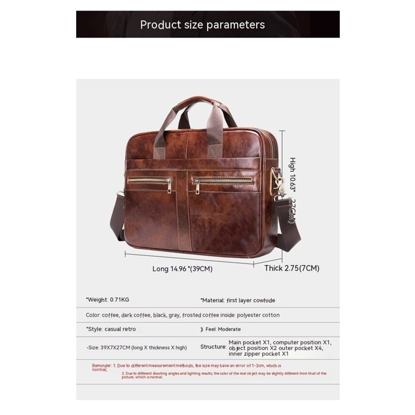 Servieta messenger din piele naturala, pentru laptop 14 inch, compartiment pentru laptop si buzunare cu fermoar, stil retro, model emag01-WT5607, maro