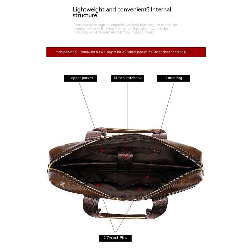 Servieta messenger din piele naturala, pentru laptop 14 inch, compartiment pentru laptop si buzunare cu fermoar, stil retro, model emag01-WT5607, maro