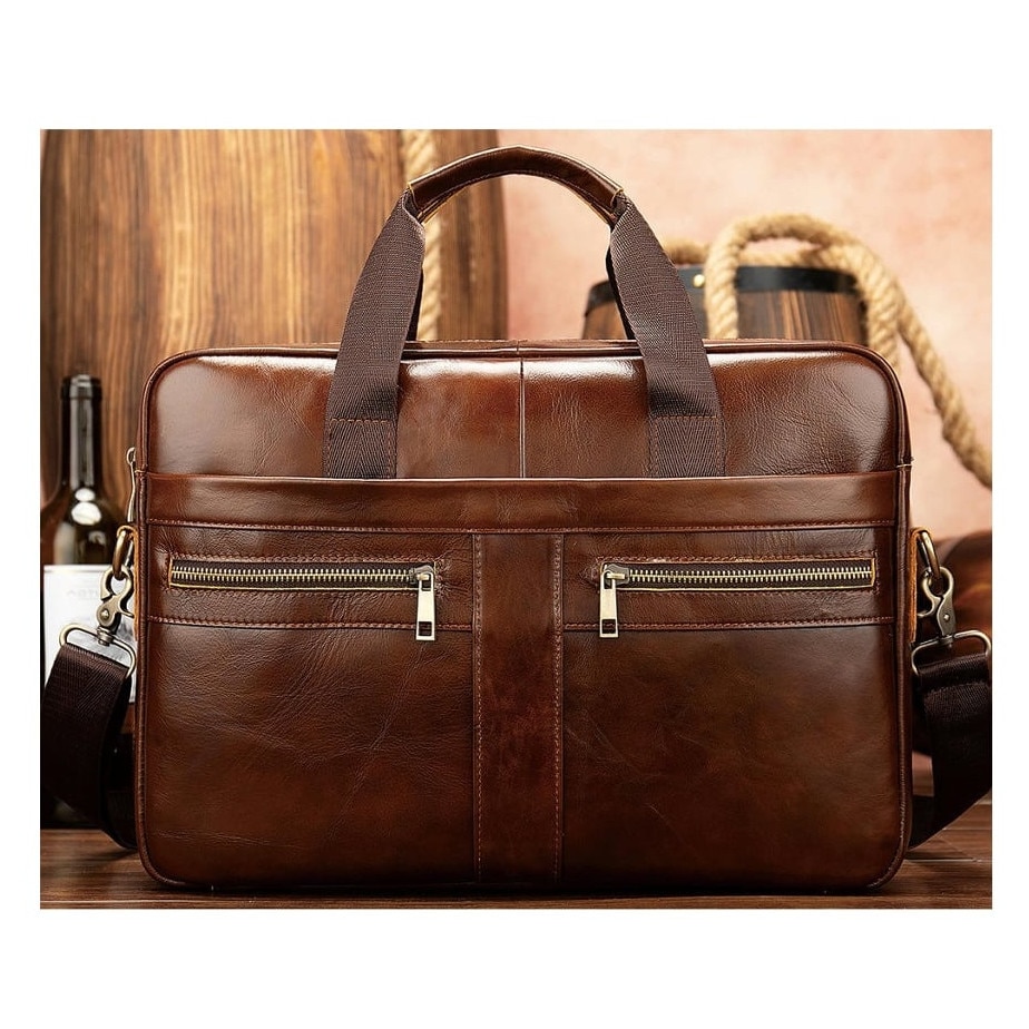 Servieta messenger din piele naturala, pentru laptop 14 inch, compartiment pentru laptop si buzunare cu fermoar, stil retro, model emag01-WT5607, maro