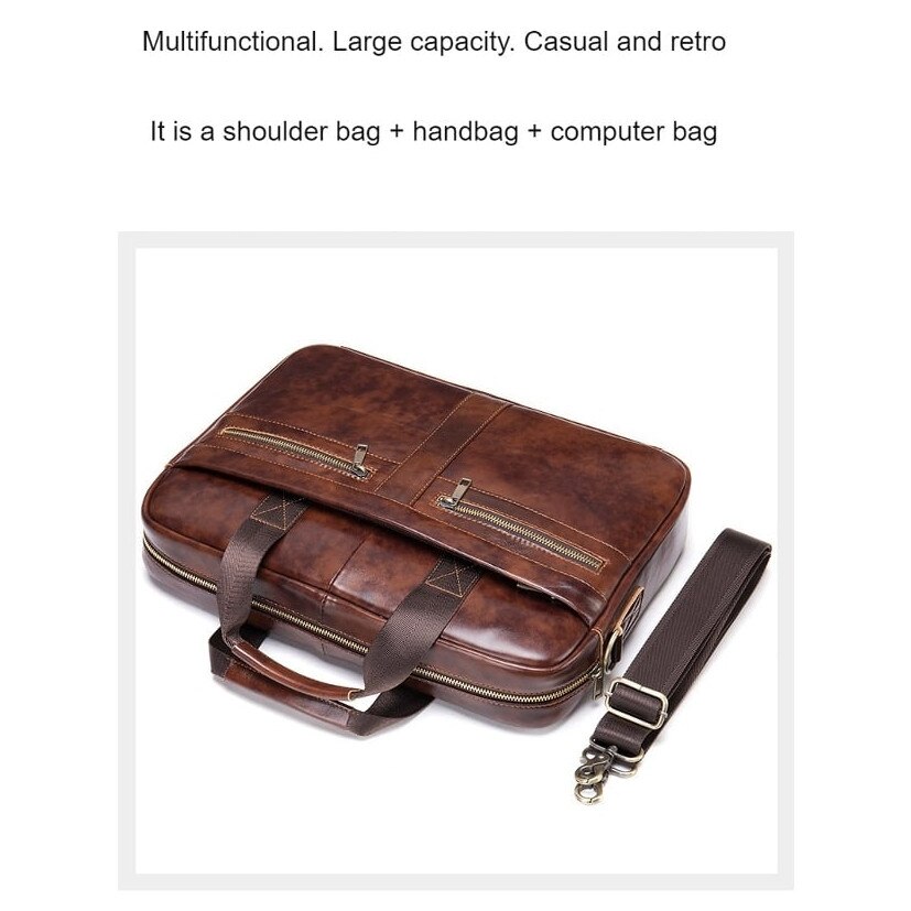 Servieta messenger din piele naturala, pentru laptop 14 inch, compartiment pentru laptop si buzunare cu fermoar, stil retro, model emag01-WT5607, maro