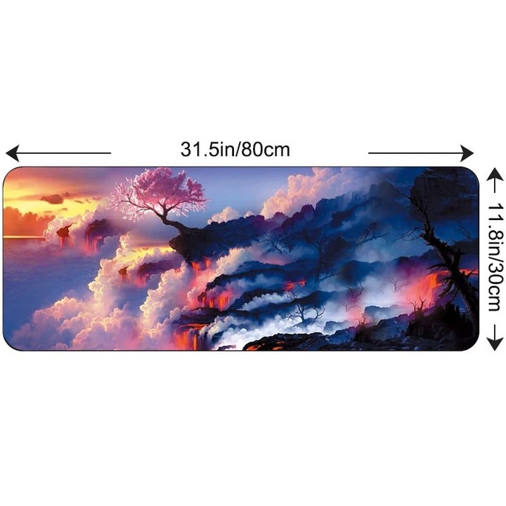 Mousepad gaming K0323-0806-CJ10114, suprafata din cauciuc cu margine cusuta, design peisaj anime Japonia, multicolor, 800 x 300 x 1.5 mm
