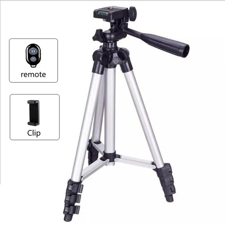 Трипод 3110, алуминиев, за смартфон и камера (DSLR/point-and-shoot), разтегателен 1020 мм, сгънат 350 мм, със стойка за телефон и Bluetooth дистанционно, сребрист/черен