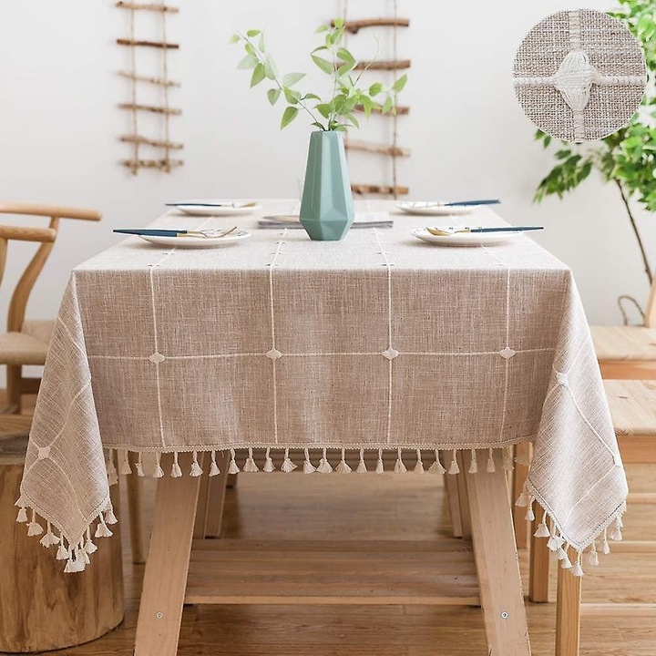 Négyzet alakú asztalterítő K0403-emagCJ-54080, 140 x 140 cm, 60% pamut/40% len, középső hímzés futóval, rojtok bojtos díszítéssel, natúr bézs