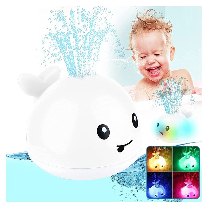 K0345-0723-CJ-xw6688 bálna fürdőjáték, automata, többszínű LED-es vízsugárral, 3 x AAA elemmel működik, ABS, fehér, 11 x 10 x 9 cm