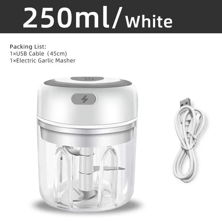 Мини електрически чопър K0323-0806-CJ9393, USB презареждаем, 30W мотор, остриета от неръждаема стомана, без BPA, водоустойчив, 250 мл, бял