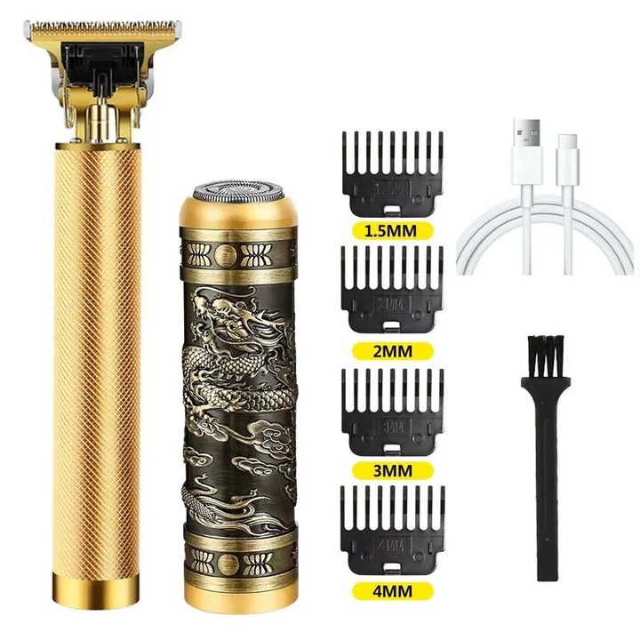 Trimmer si aparat de ras electric T9/T8 K0323-0806-CJ10282, 2in1, lame din otel inoxidabil, cap T-type 0,1 mm, 4 piepteni 1.5/2/3/4 mm, USB reincarcabil 1000mAh, rezistent la apa, auriu, 14.2x4x2.3 cm