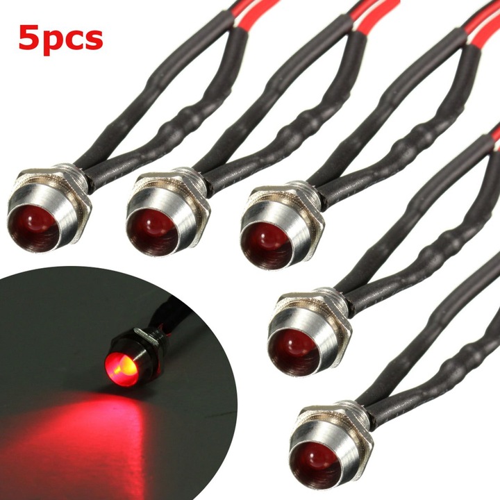 Indicator LED metalic K0323-0806-CJ10305, 6 mm, 12V, carcasa metalica cu baza ABS, IP55, cablu 23.5 cm, rosu, set 5 buc.
