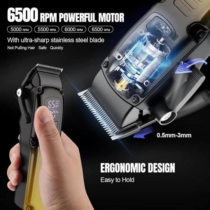 Set tuns si ras 3-in-1 K0323-0717-emag-9355, fara fir, lama T zero-gap, motor 6500 RPM, autonomie 180 min, afisaj LCD, negru/auriu