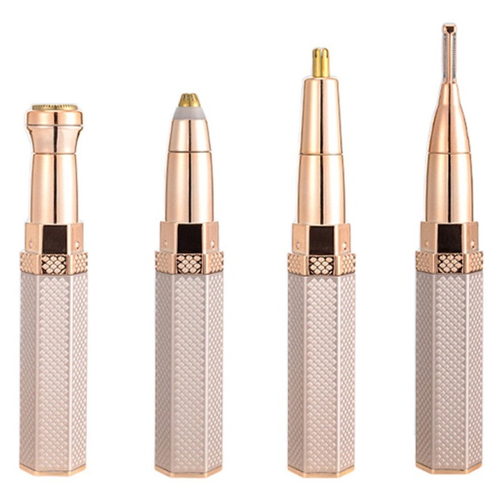 Trimmer sprancene 4-in-1 K0323-0724-CJ11191, aparat electric pentru indepartare par facial, auriu, 4 capete, 12.5 x 1.8 cm