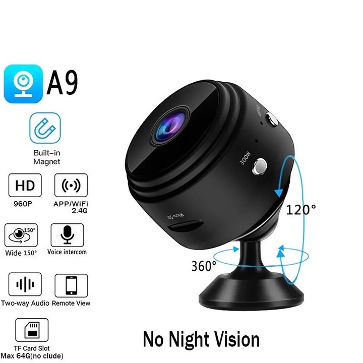 Мини безжична камера A9 Wi‑Fi 2.4G, IP P2P, 960p HD, широк ъгъл 150°, слот за microSD до 64GB, черна