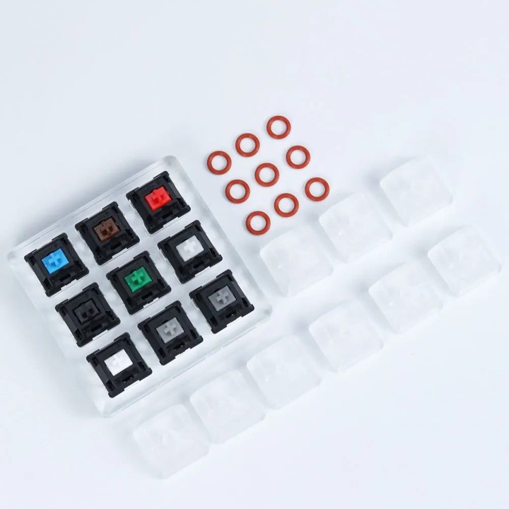 Mechanikus kapcsoló teszter K0323-0806-CJ12355, akril alap, áttetsző kupakok, kompatibilis Cherry/Kailh/Gateron/Gazzew, átlátszó/többszínű, 9 foglalat