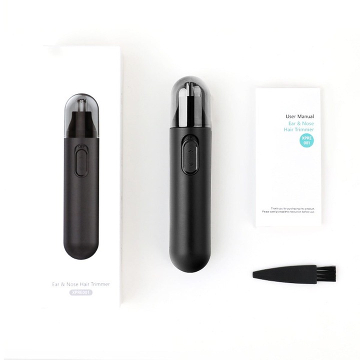 Trimmer pentru nas si urechi multifunctional D26741 K0323-0806-CJ11932, cap rotativ 360°, lama inox detasabila, alimentare 1 x AA, negru, 126 mm