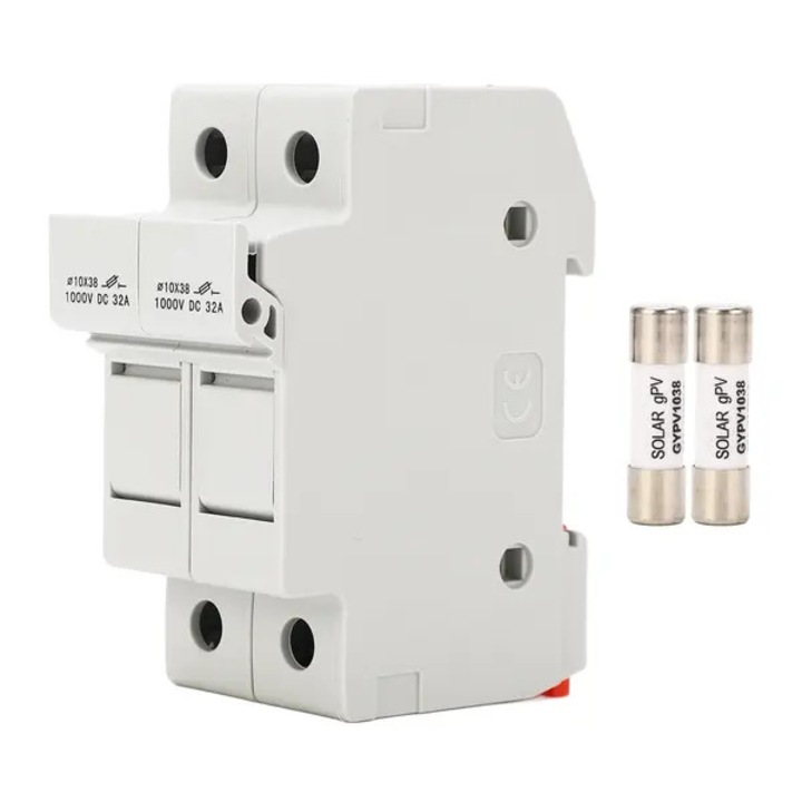 Suport sigurante DC CJ-FQ-K0384-260505-3085 pentru panou fotovoltaic, montaj pe sina DIN, 1000 V DC, 32 A, pentru sigurante 10x38 mm, alb, include 2 x siguranta PV 30 A