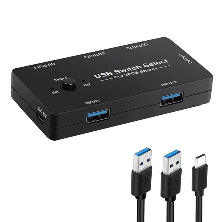 USB kapcsoló 2 számítógéphez FRU-CJK0424-260710-2494, 4 portos USB 2.0 megosztás, plug-and-play, Type-C DC 5V tápellátás, fekete