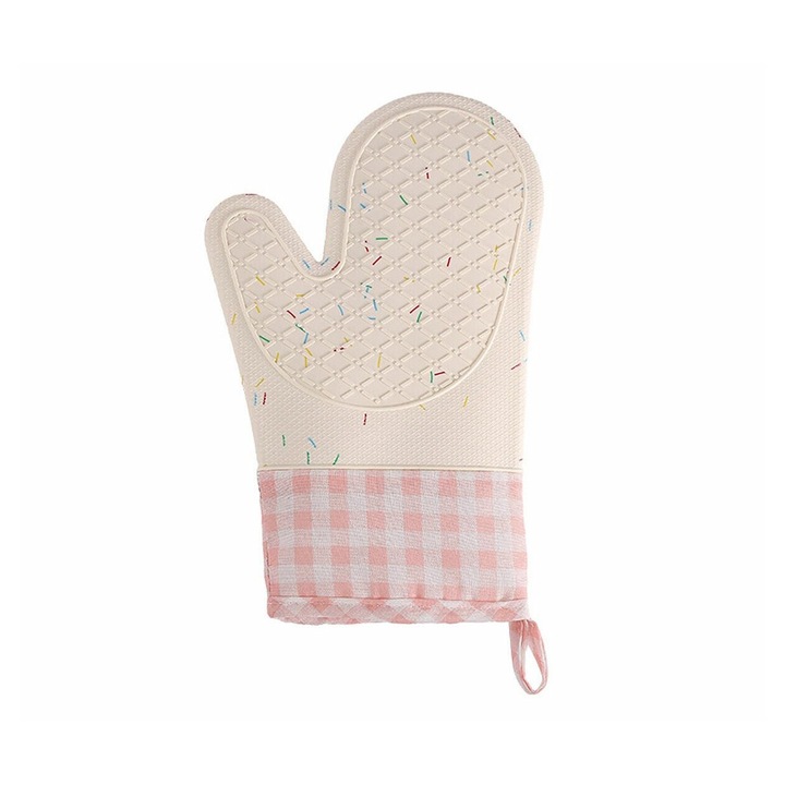 Hőálló szilikon sütőkesztyű pamut belsővel, rózsaszín gingham mintás, tapadásmentes, 29 x 18.5 cm, 1 pár, K0473-0717-TMCJ-6322