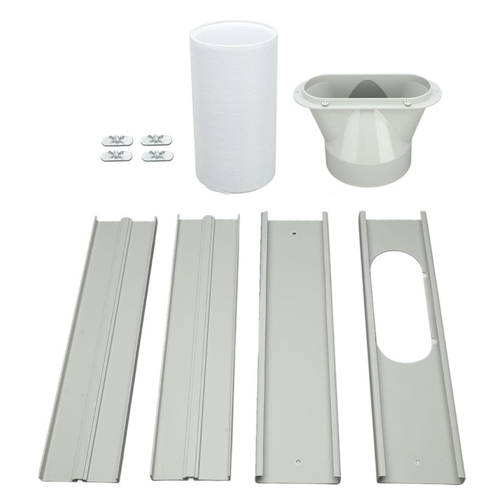 Ablaktömítő készlet hordozható légkondicionálóhoz emag01-WT16006, 4 ABS/PVC panelből álló készlet, állítható panelek 43 x 10 cm (max. 124 cm), tömlő 1,5 m O 5 in, világosszürke