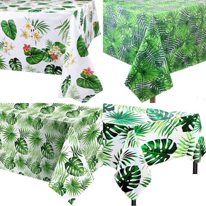 Eldobható műanyag asztalterítő trópusi levél mintával, zöld/fehér