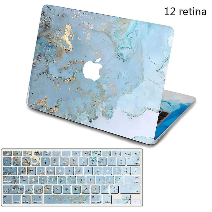 Husa rigida pentru MacBook 12 Retina (A1534) cu protectie tastatura, marmorat albastru cu accente aurii, set 2 piese, cod k0441-0720-QHeamg199160