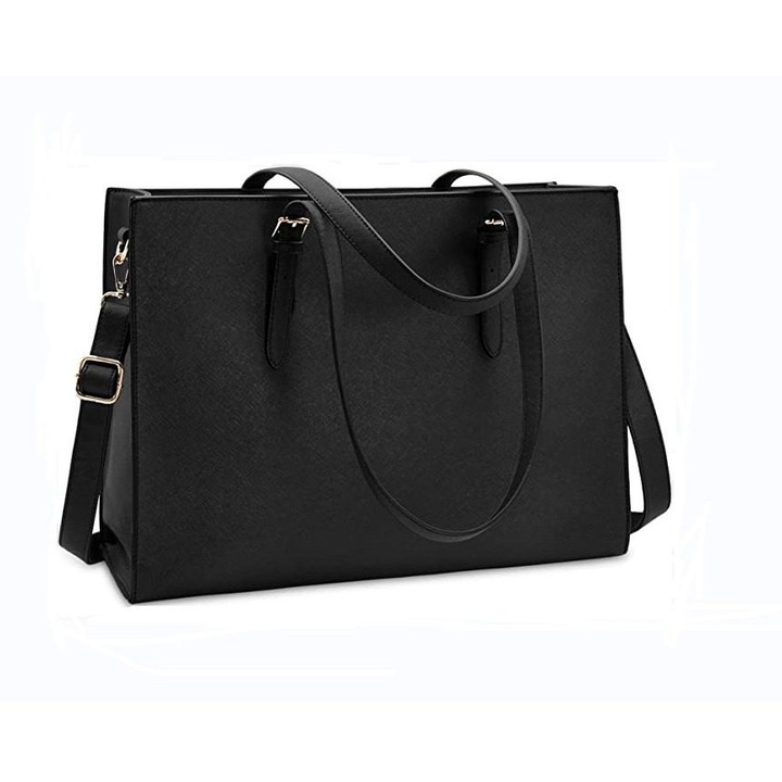 Geanta pentru laptop din piele PU, impermeabila, compartiment captusit pentru laptop 15.6 inch, curea de umar reglabila detasabila, K0312-0711-TD17877, negru, 43 x 14 x 31 cm