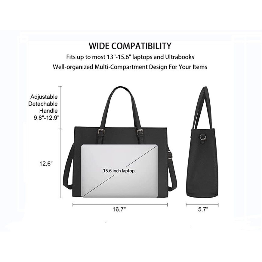 Geanta pentru laptop din piele PU, impermeabila, compartiment captusit pentru laptop 15.6 inch, curea de umar reglabila detasabila, K0312-0711-TD17877, negru, 43 x 14 x 31 cm