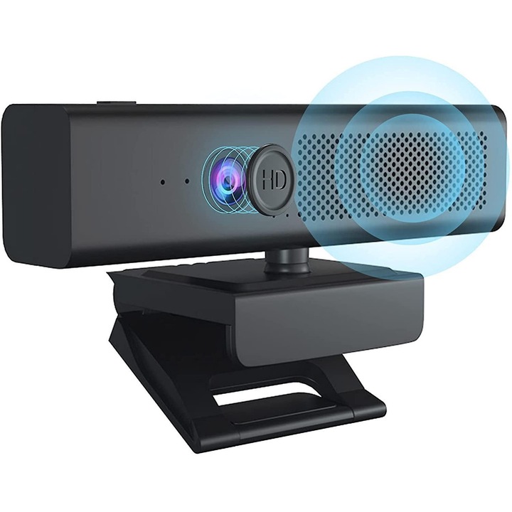 Webcam k0441-0724-QHeamg223079, 1080p Full HD, difuzor HiFi integrat, 4 microfoane omnidirectionale cu reducere a zgomotului, buton mute, USB, negru