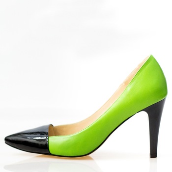 Pantofi dama, Thea Visconti, lac, toc 7 cm, Negru lac/verde Pantofi dama, Thea Visconti, lac, toc 7 cm, Negru lac/verde