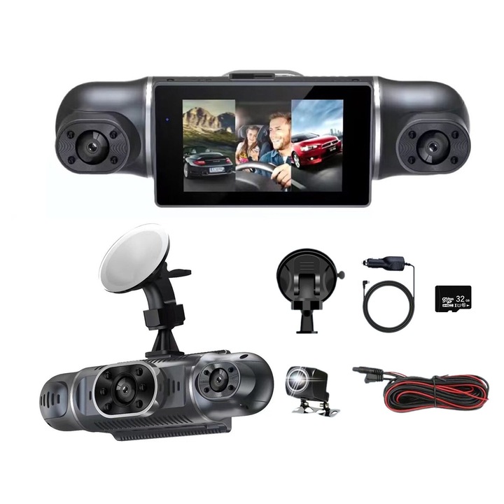 Camera auto 4 canale K0323-0724-CJ2164, 4 lentile (front, stanga, dreapta, spate) 1920P/1080P, ecran 3" IPS, Wi-Fi, unghi 170°, F/1.8, WDR, 32GB inclus, G-sensor, loop recording, gri inchis