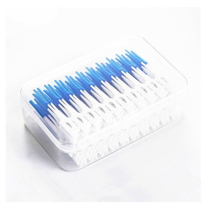 Periute interdentare tip floss stick, 150 buc., 5 cm x 0.7 cm, alb/albastru