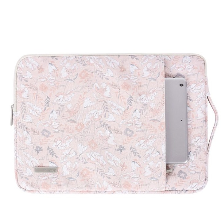 Husa pentru laptop din PU G4-89 cu maner lateral si buzunar frontal, floral roz, 15 inch