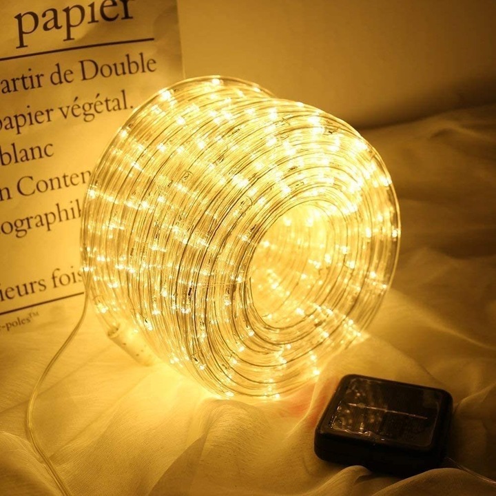 Соларни тръбни лампи K0460-emagCJ-15472, 7 м, 50 LED, топло бяло, соларно захранване с батерия 1.2V 600mAh NiMH, 8 режима, PVC с медна жица