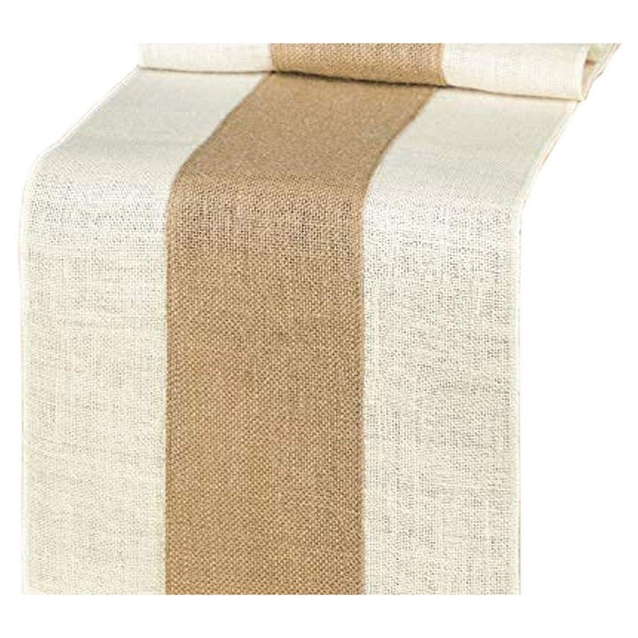 K0323-0724-CJ5081 asztali futó, len és poliészter, bézs középső sáv fehér szegéllyel, fehér/bézs, 275 x 30 cm