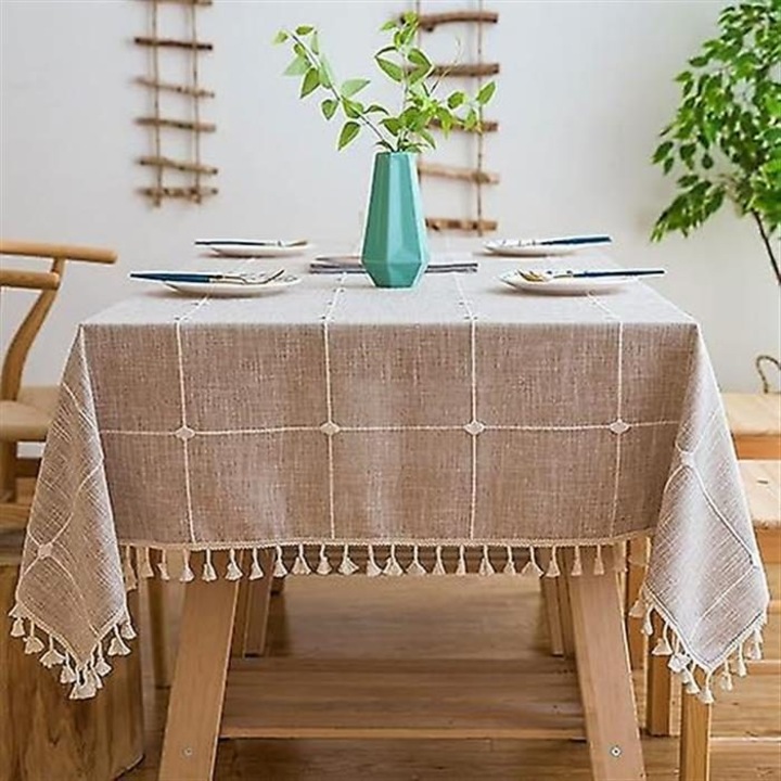 K0403-emagCJ-57847 asztalterítő pamut és len anyagból, 3D jacquard rojtokkal, foltálló és kültéri használatra, bézs, 140 x 180 cm