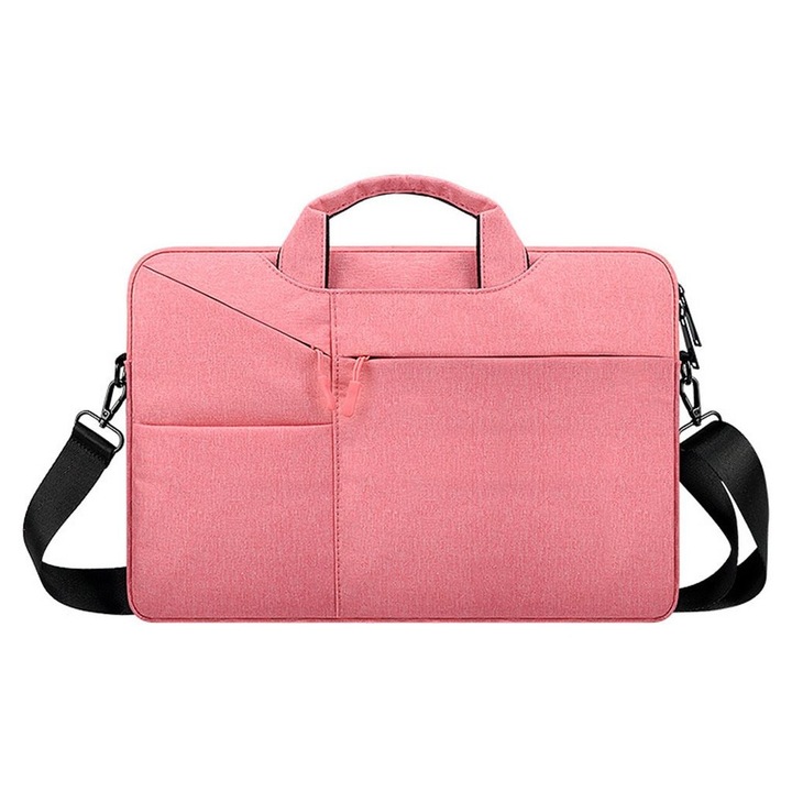 Geanta pentru laptop textil cu bretea detasabila si maner, rezistenta la apa, roz, 15.6 inch