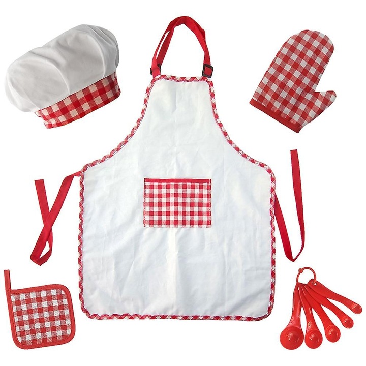 Set sort de bucatarie pentru copii din bumbac, cu palarie, manusa de cuptor, tava si 5 linguri, alb/rosu, 53 x 46 cm