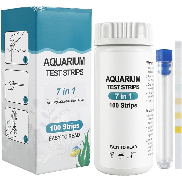 Benzi de testare pentru acvariu 7 in 1, testeaza NO2/NO3/Cl2/GH/KH/TA/pH, alb, 100 buc
