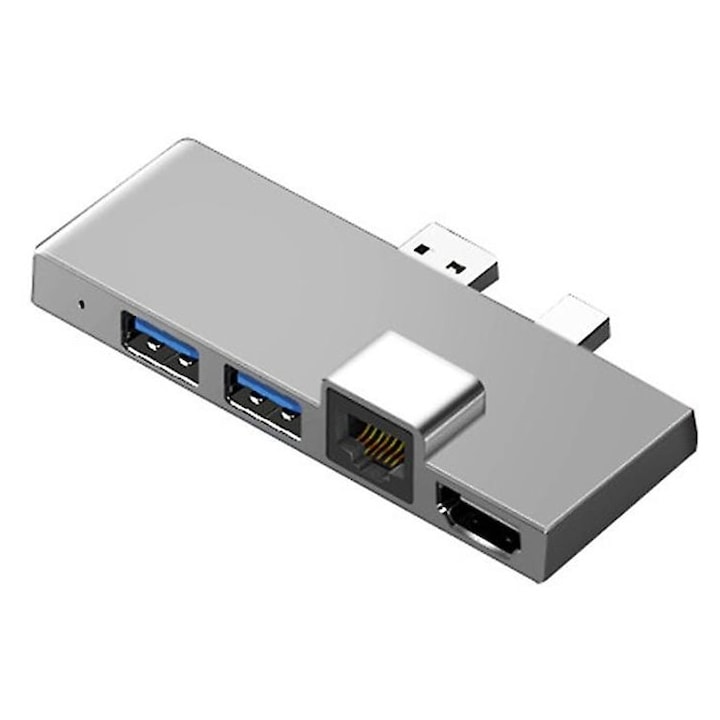 Hub docking emag01-WT11310 pentru Surface Pro 4/5/6, TF card reader, HDMI 4K@30Hz/1080p@60Hz, Ethernet Gigabit, 2 x USB 3.1 Gen 1, aluminiu, argintiu, 90 x 39 x 11 mm