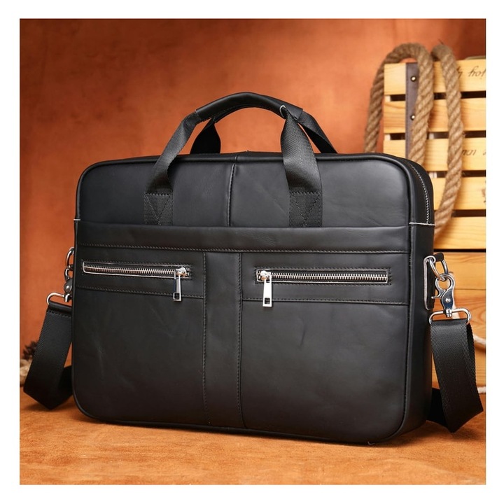 Servieta messenger din piele naturala, compartiment laptop 17 inch, buzunare frontale cu fermoar, curea de umar detasabila, negru, model emag01-WT6056