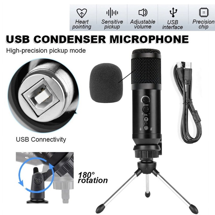 Microfon condenser USB U800, cardioid uni-directional, control volum si echo, jack 3.5mm pentru casti, include trepied si cablu USB, negru