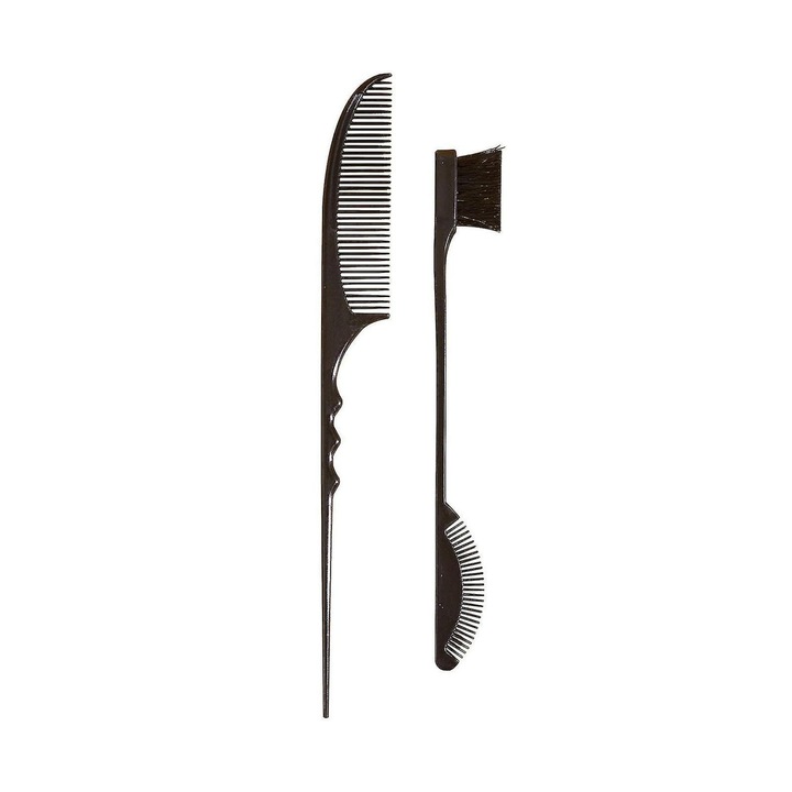 Set 2 piepteni cu coada din plastic (ABS) pentru contur si aranjare, pieptene + perie dublu-fata, negru, 22.4/18 cm