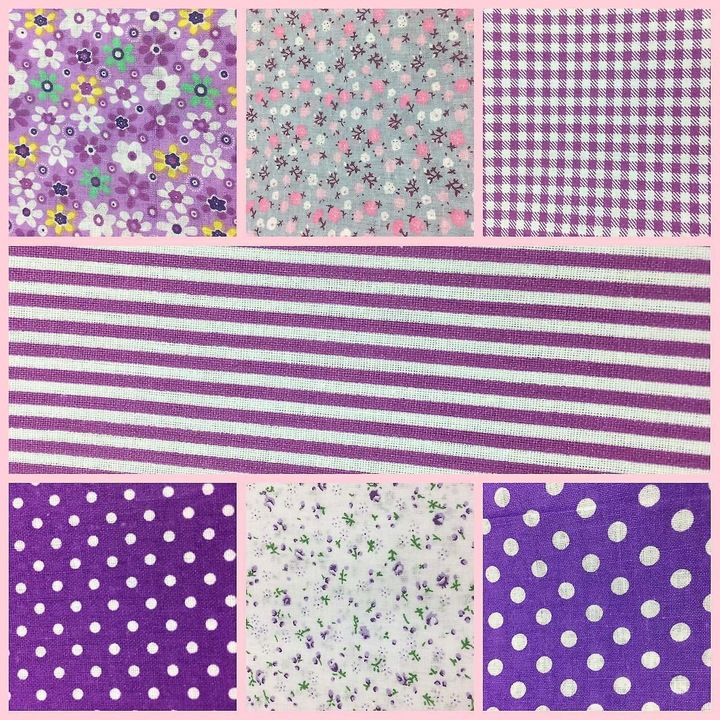 7 darabos készlet, pamutkeverék fat quarter előre vágott anyag patchworkhöz és hobbihoz, virágos/csíkos/pöttyös/kockás minták, többszínű (lila árnyalatok), 7 db