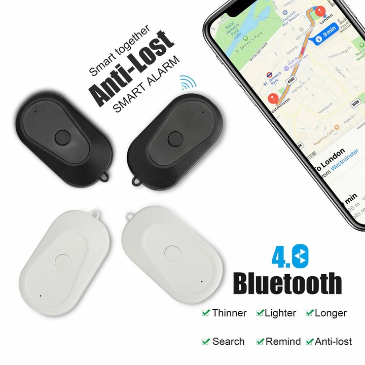 Bluetooth локализатор против загуба K0403-emagCJ-51882, Bluetooth 4.0, сменяема батерия CR2032, бял/черен, комплект 4 бр., обхват ≤25 м