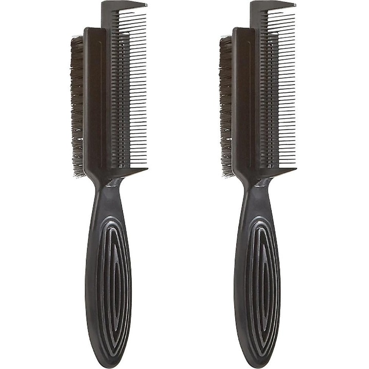 Perie-pieptene dublu pentru coafat, ABS cu peri din nylon, negru, set 2 buc, 15.4 x 4.6 x 2 cm
