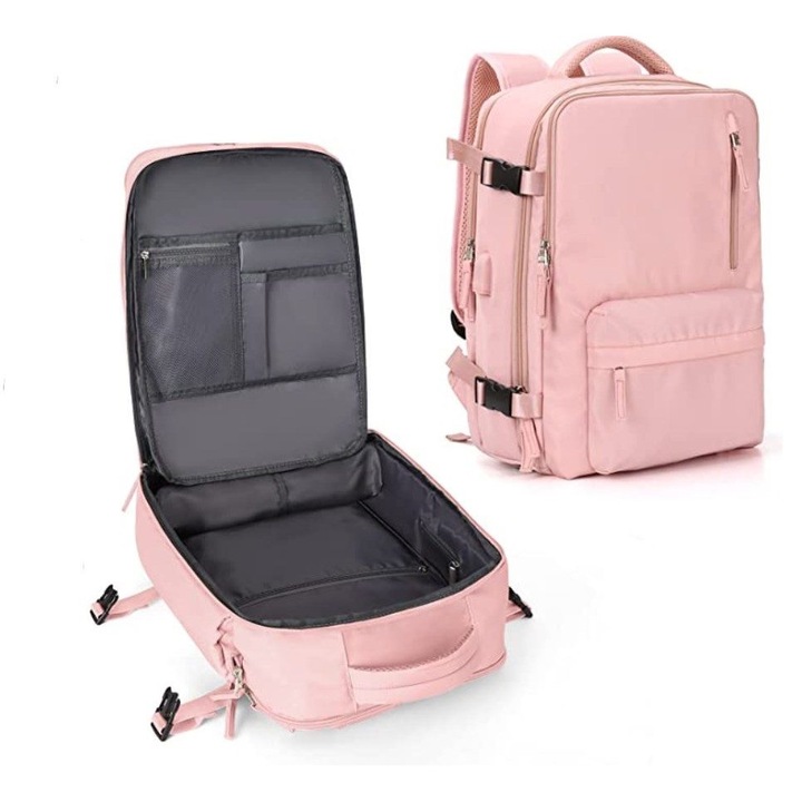 Rucsac de voiaj din poliester, compartiment pentru laptop 14"/13", port USB integrat, compartiment pentru incaltaminte si sac umed, rezistent la apa, roz, 42 x 31 x 17 cm, 40 L