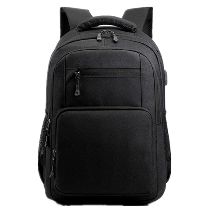 Rucsac, material Oxford, compartiment pentru laptop 15,6 inch, port USB extern, rezistent la apa, bretele respirabile, 30 x 45 x 17 cm, negru