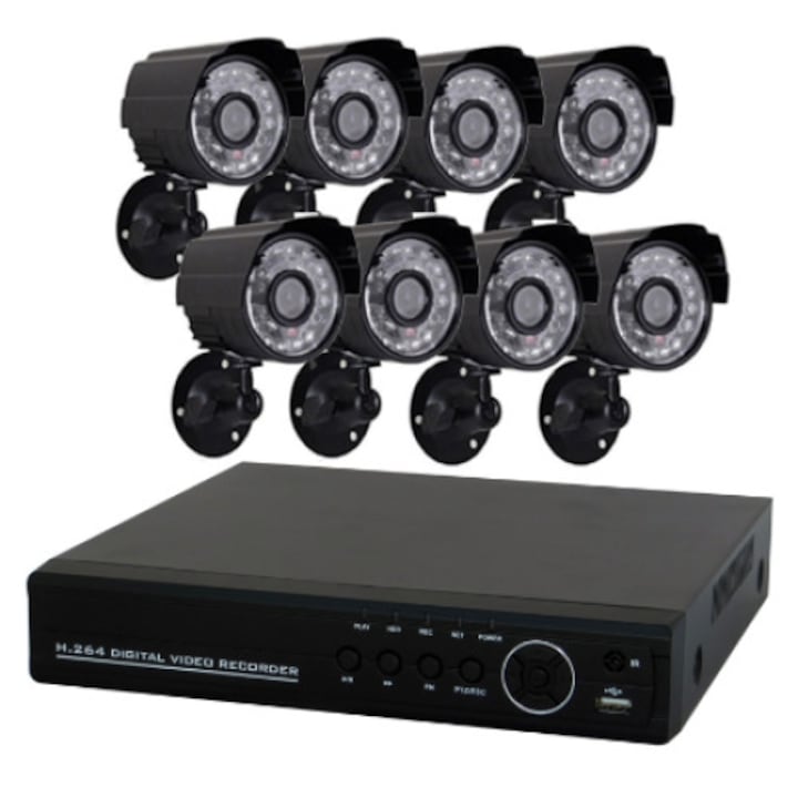 Felvevő rendszer 8 CCTV videokamera, 800 sor, konnektor, internet, beltéri/kültéri, távirányító