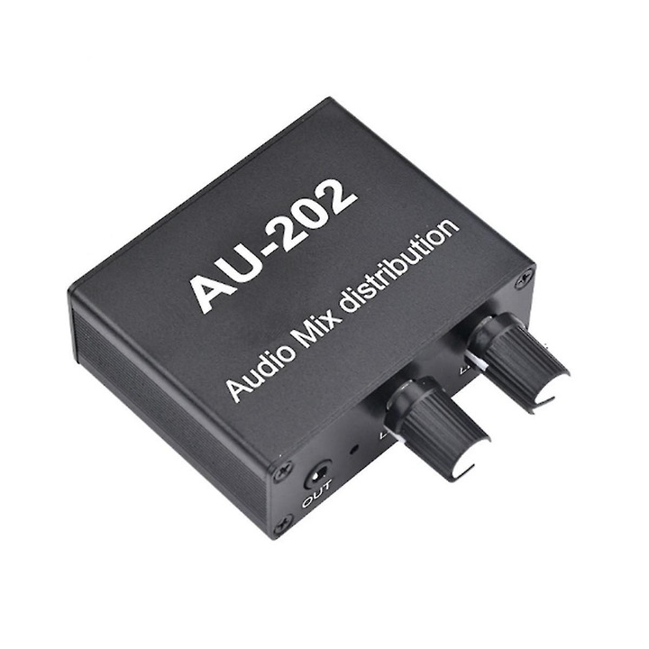 Стерео аудио миксер AU-202 (K0403-emagCJ-36775), 2 входа, 2 изхода 3.5 мм, DC 5-20V, NJM4580/NJM4556A, черен